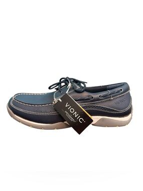 Vionic Men's Navy Leather Lace-Up Boat Shoe with Orthotic Support Size 10.5 NEW